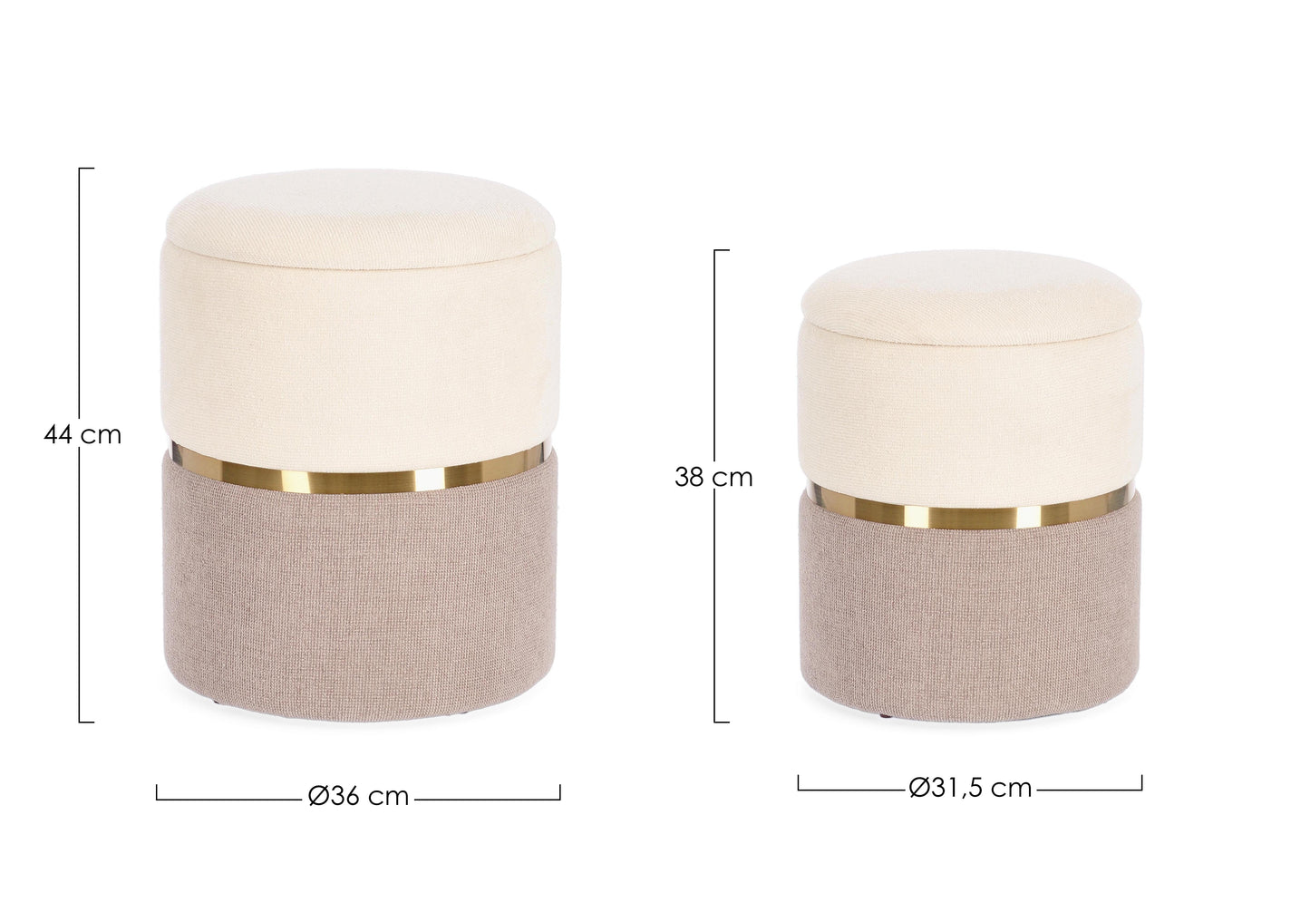 Conjunto 2 Pufes Radinka Bege com Arrumação - Aro Dourado