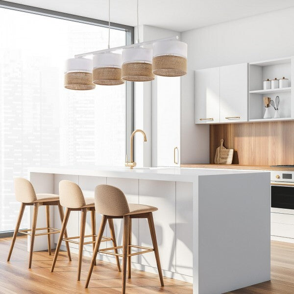 Candeeiro teto LinoBianco 4L com acabamentos em juta e branco.