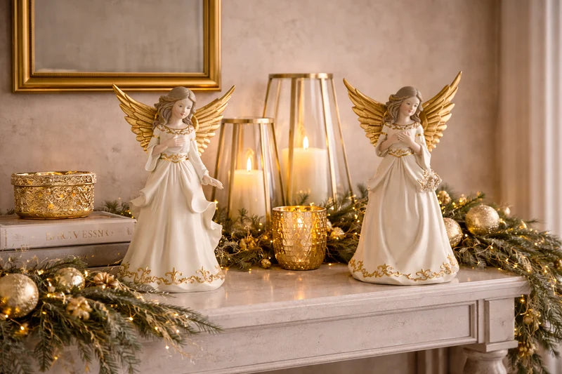 Anjo decorativo bege e dourado de Natal