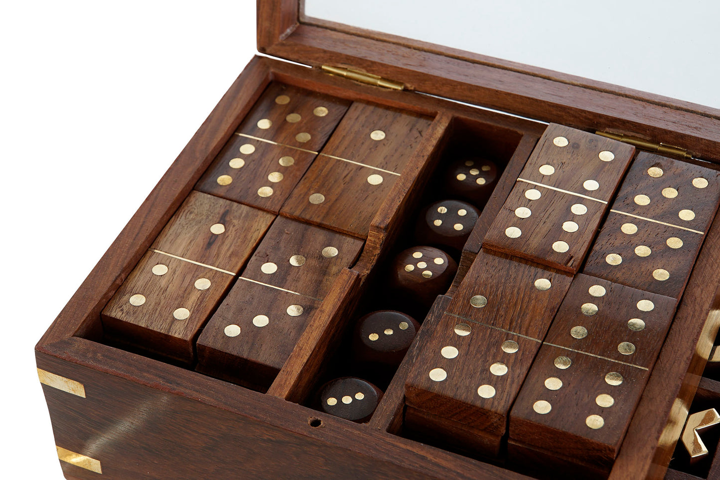Jogo dominó, jogo do galo e dados caixa madeira com vidro