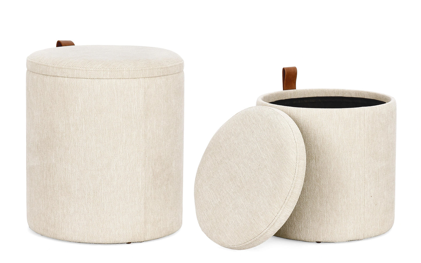 Pufes Katia bege com arrumação - Set 2 bancos-baú cilíndricos