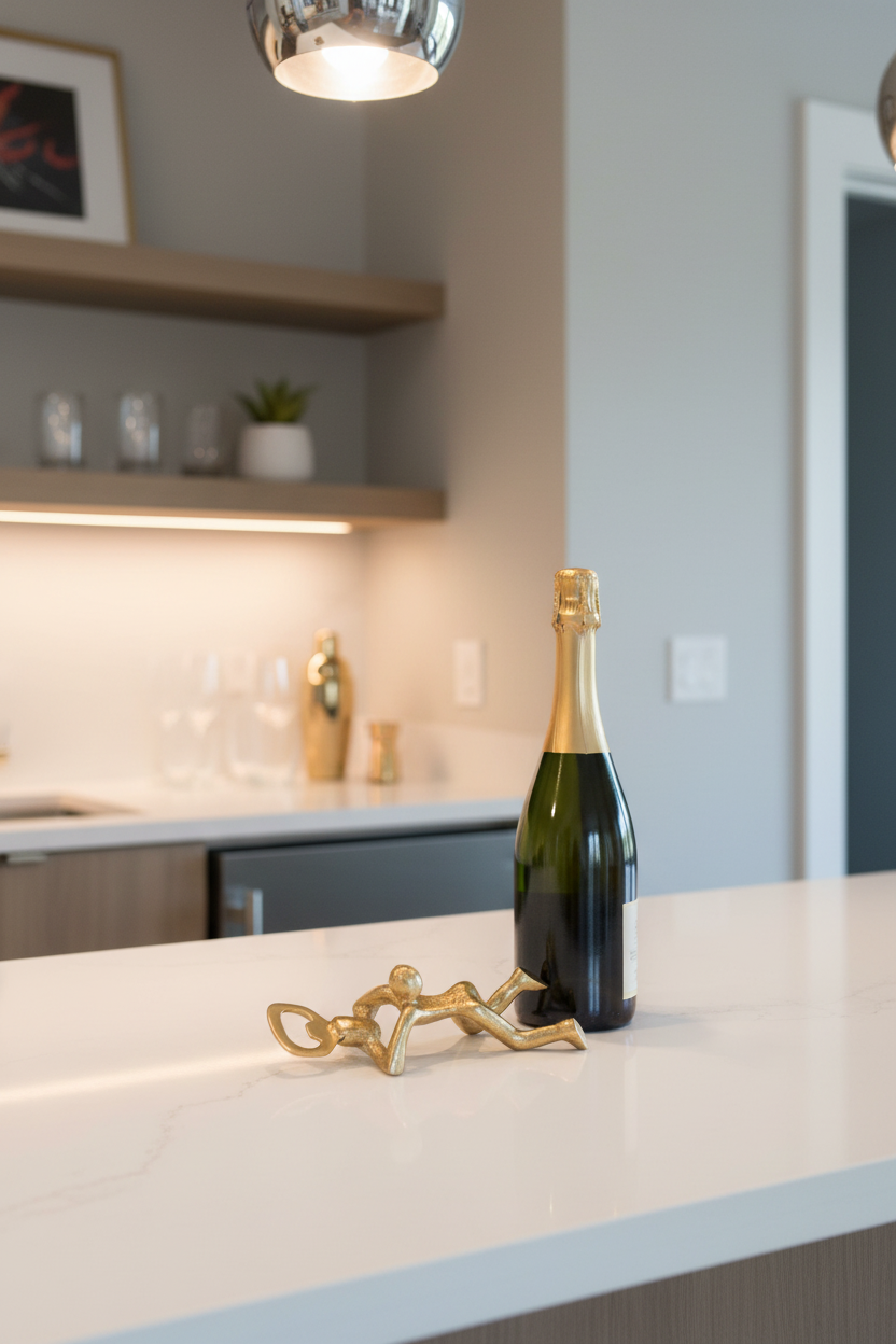 Abre-garrafas dourado deitado - posição correta