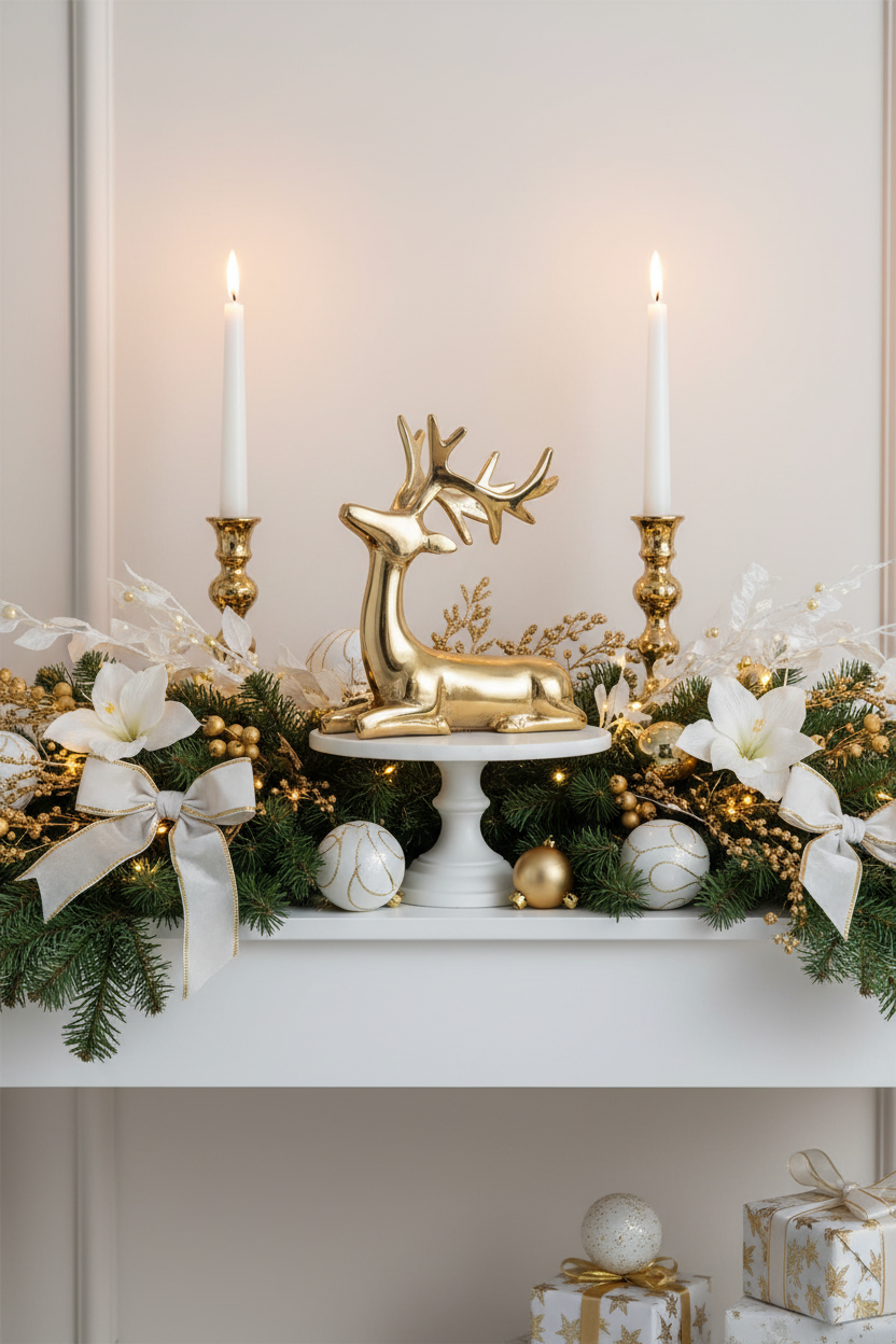 Arranjo de Natal em aparador com rena dourada