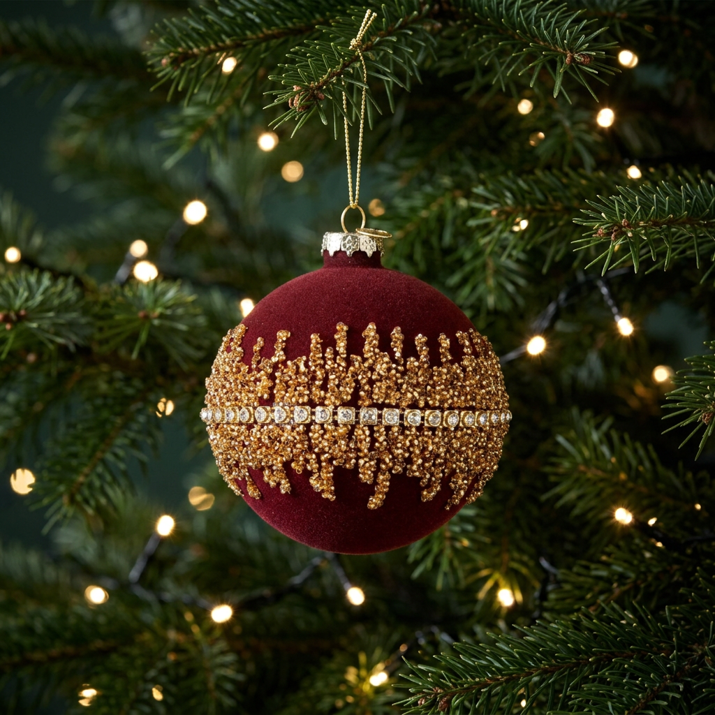 Bola Luxury vermelho-escuro numa árvore de Natal iluminada