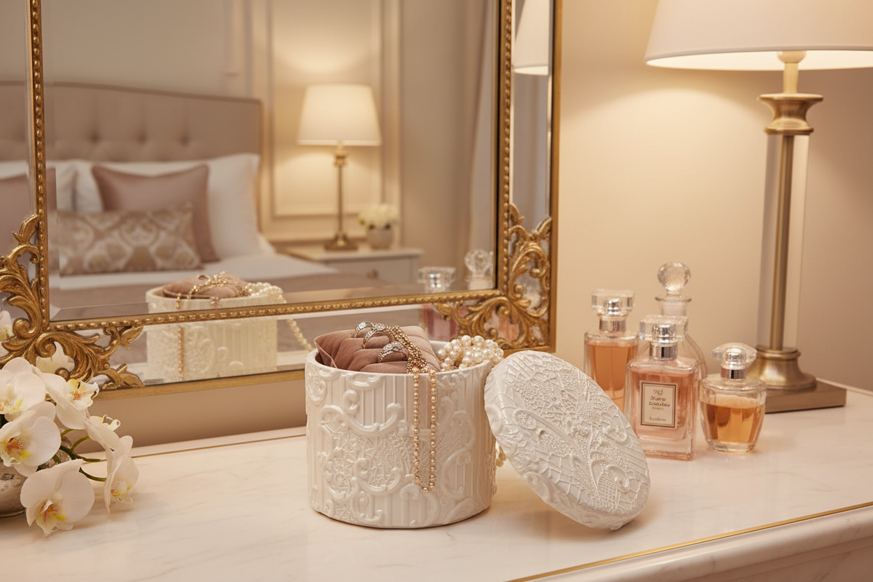 Caixa renda em toucador de quarto