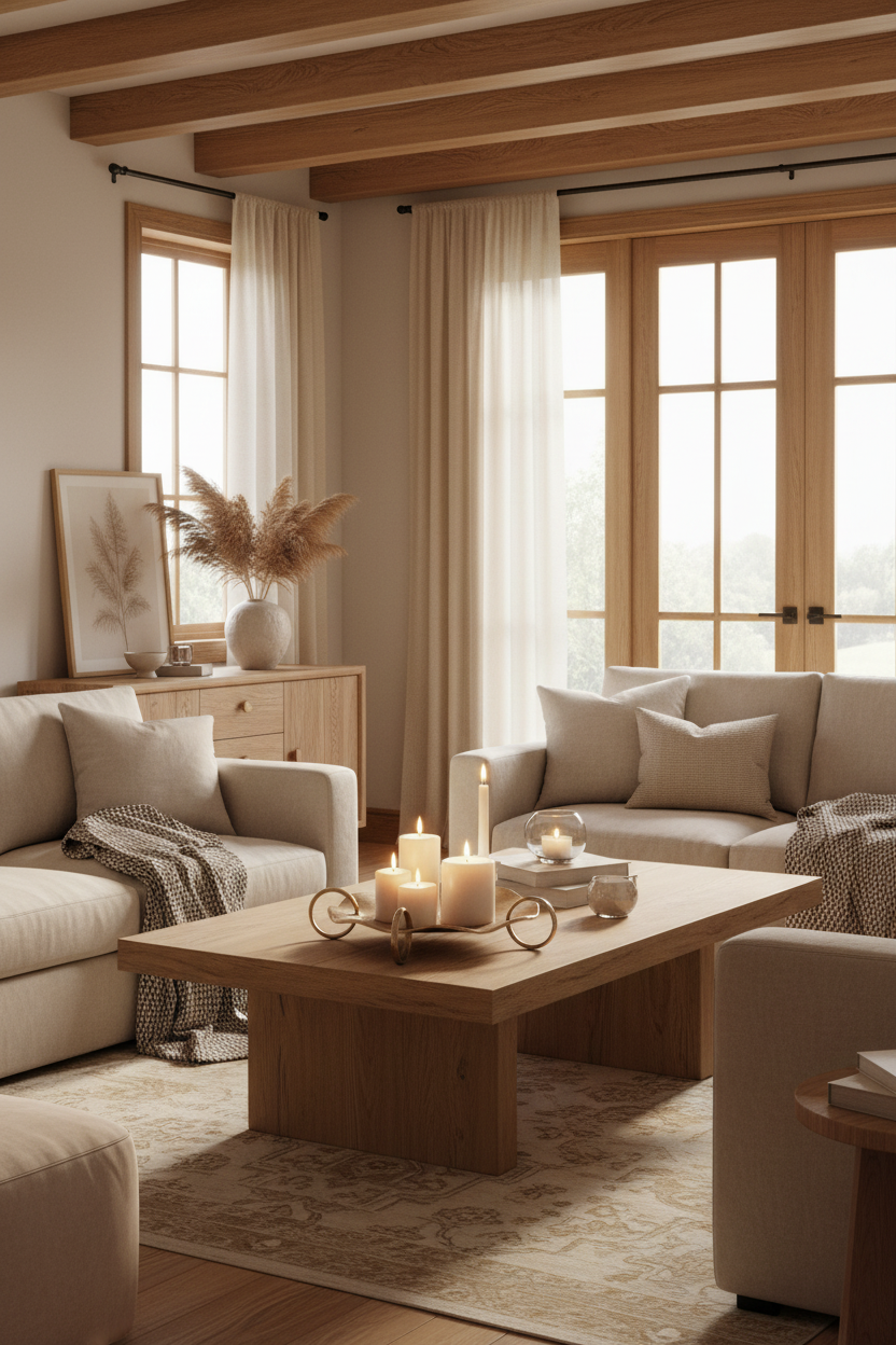 Centro de mesa com velas em sala quente