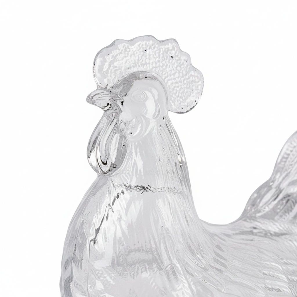 Detalhe da cabeça da galinha em vidro