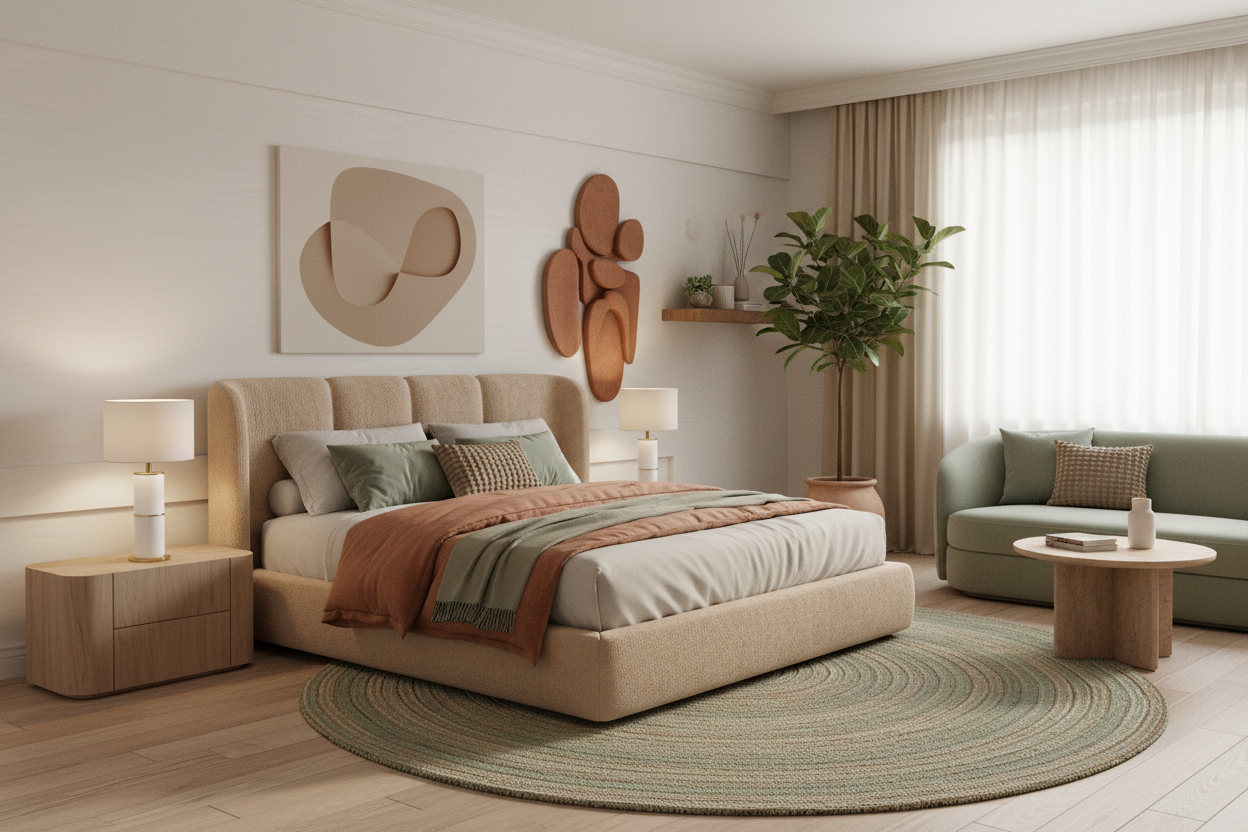 Dois candeeiros Albufeira com abajures modernos em quarto tendência 2026