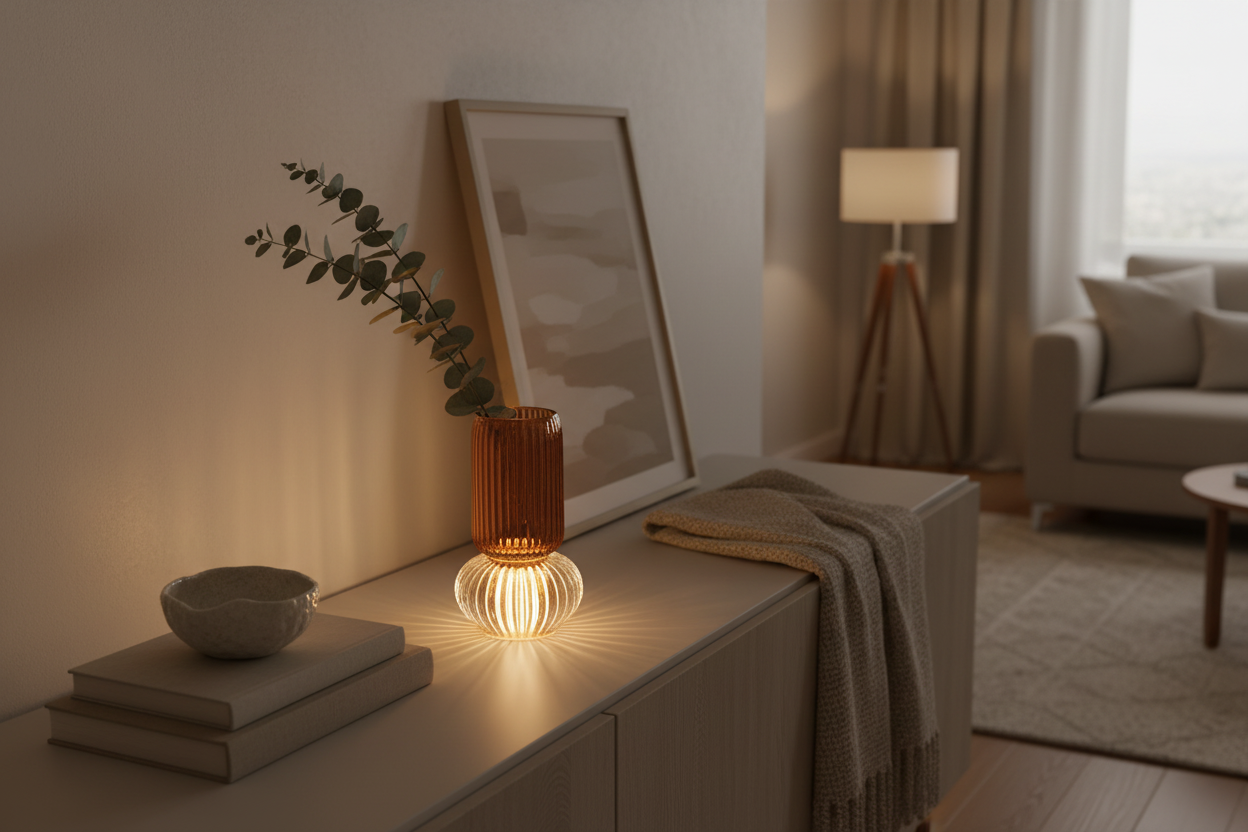 Jarra café LED em aparador contemporâneo