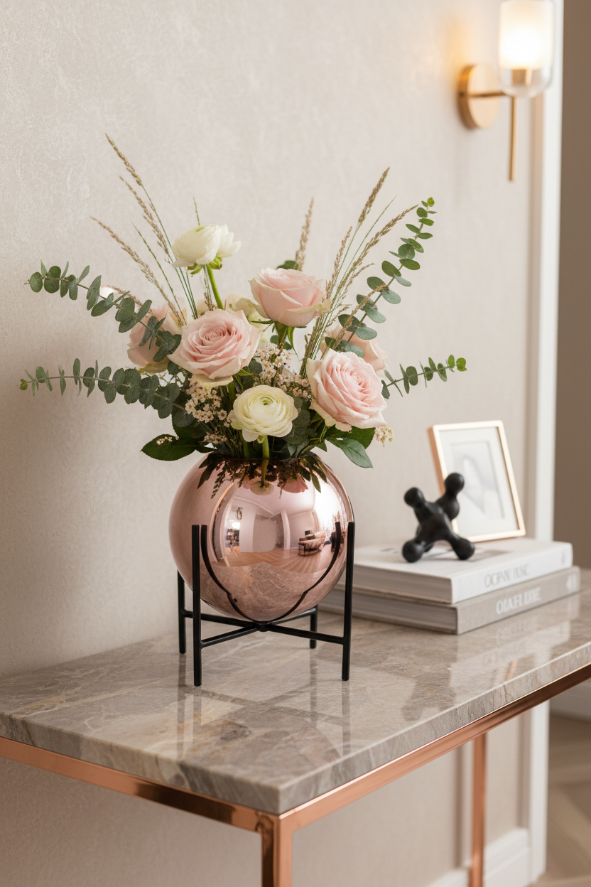 Jarra esférica rosa com flores