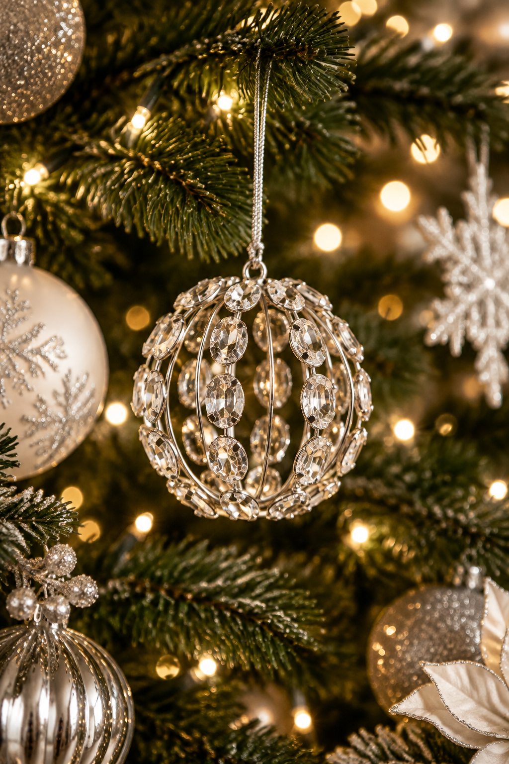 Pendente Bola Cristais Prateado – ambiente árvore de Natal