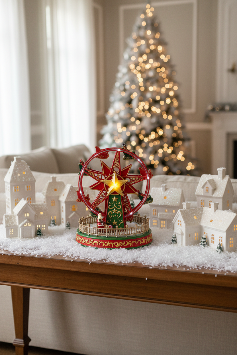Roda gigante em aldeia de Natal com casinhas brancas de cerâmica