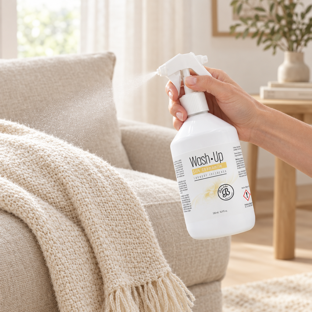 Spray Silk Camomila a ser borrifado sobre têxteis