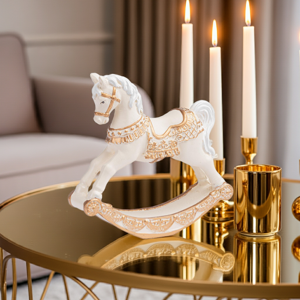 Cavalo baloiço de Natal bege e dourado