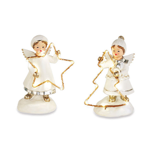 Anjo branco e dourado com luz LED