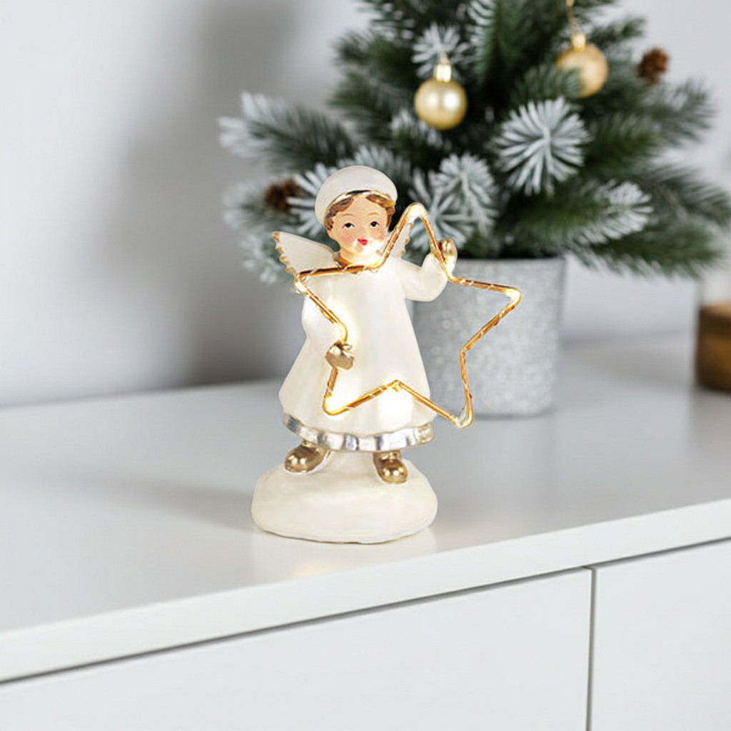 Anjo branco e dourado com luz LED