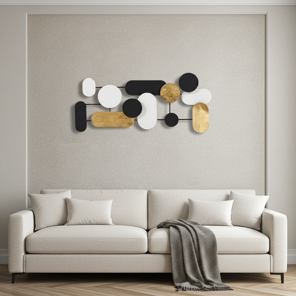 Decoração parede Círculos e Ovais branco preto e dourado