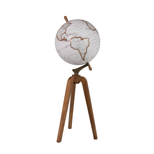 Globo decorativo terrestre branco e madeira
