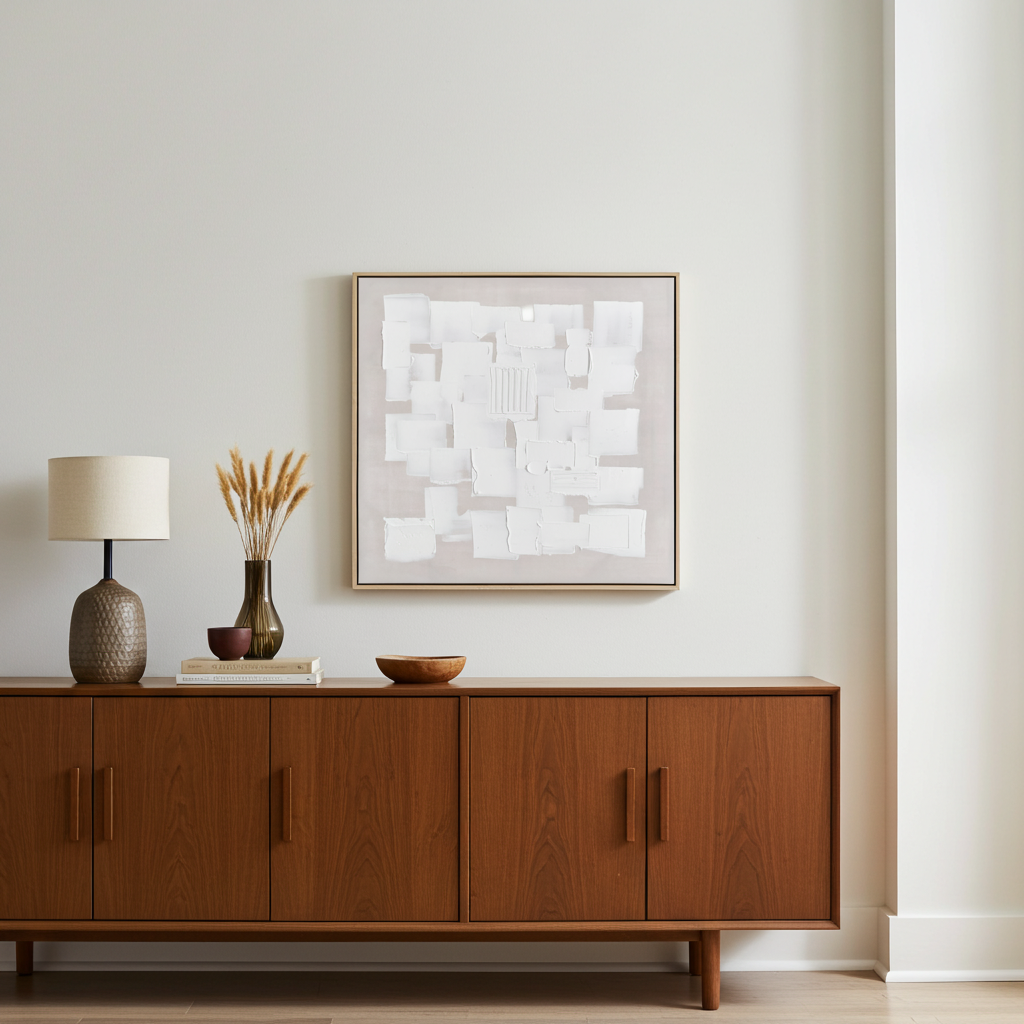 Quadro pintura texturada bege e branco 82x82cm