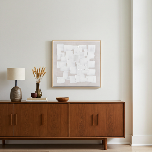 Quadro pintura texturada bege e branco 82x82cm