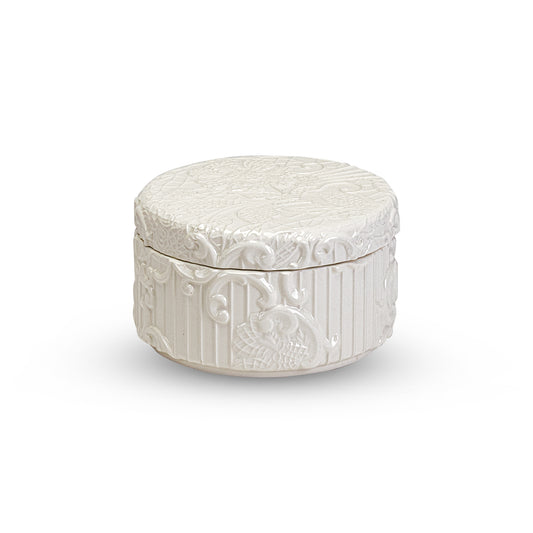 Caixa Redonda pequena em cerâmica branca renda Ø14 cm