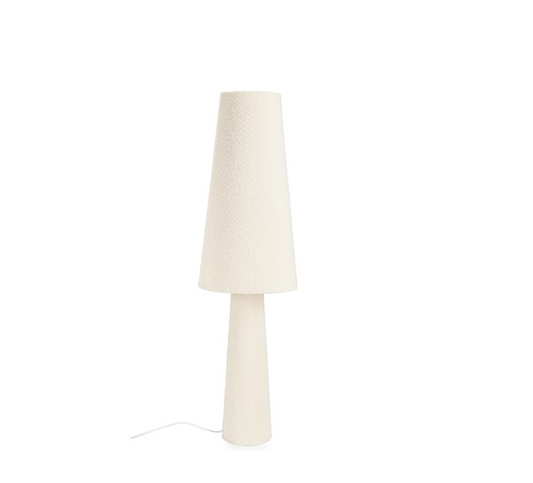 Candeeiro de pé Radha Shape em bouclé bege, com silhueta afunilada