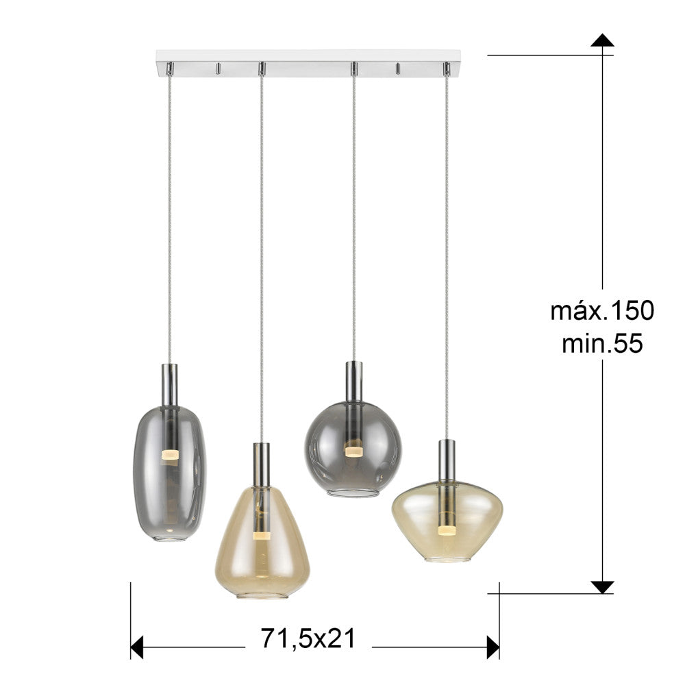 Esquema dimensional do candeeiro Nara: 71,5 cm de largura, 21 cm de profundidade e altura regulável de 55 a 150 cm.