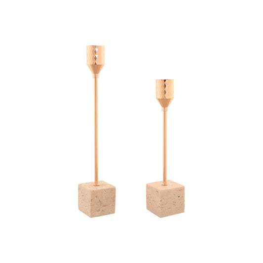 Castiçais Leo dourado e mármore bege, 2 uni.