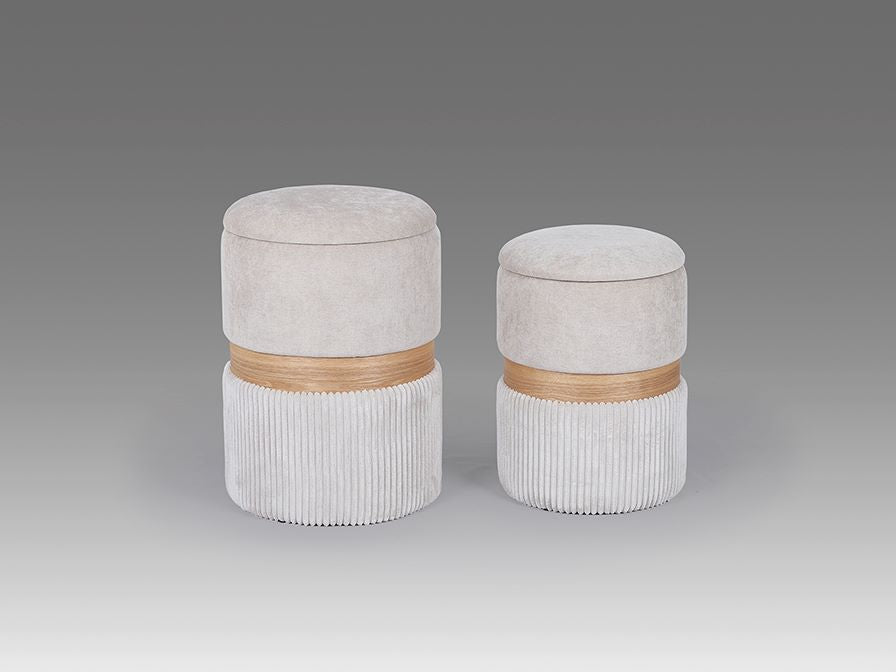 Conjunto de 2 Pufes Noha bege, pufes práticos com arrumação no interior, beges e madeira 