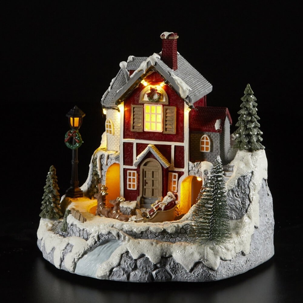 Diorama Cottage Iluminada de Natal Movimento Música e Luz