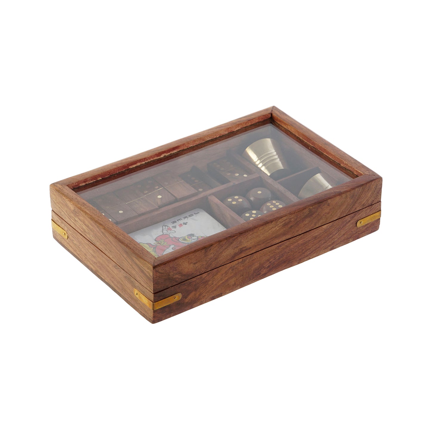 Jogo dominó, dados e cartas em caixa madeira