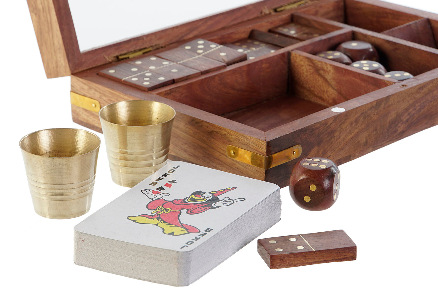 Jogo dominó, dados e cartas em caixa madeira