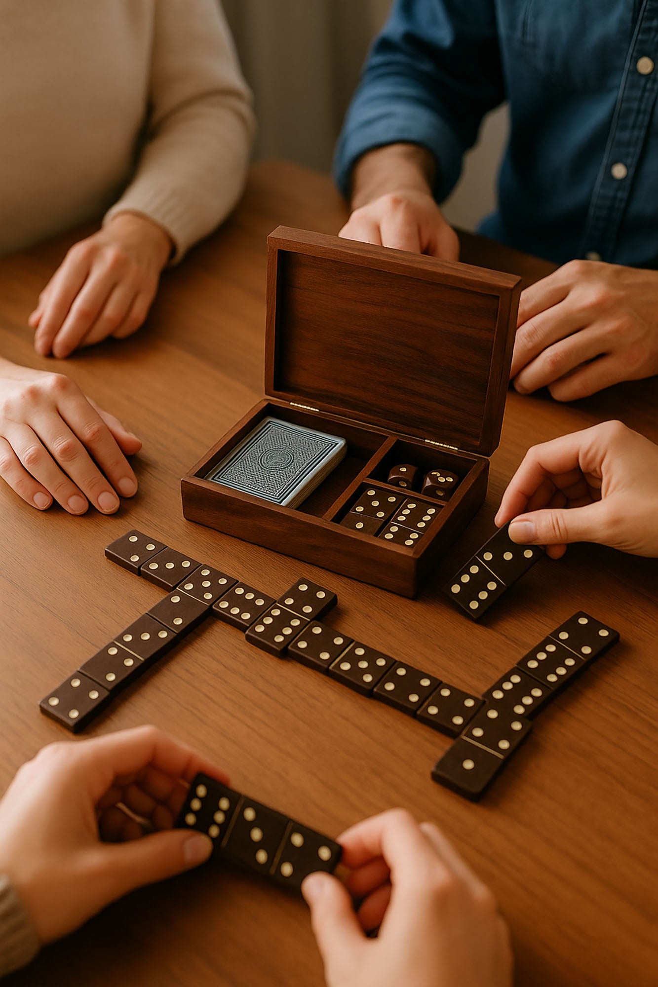 Jogo dominó, dados e cartas em caixa madeira