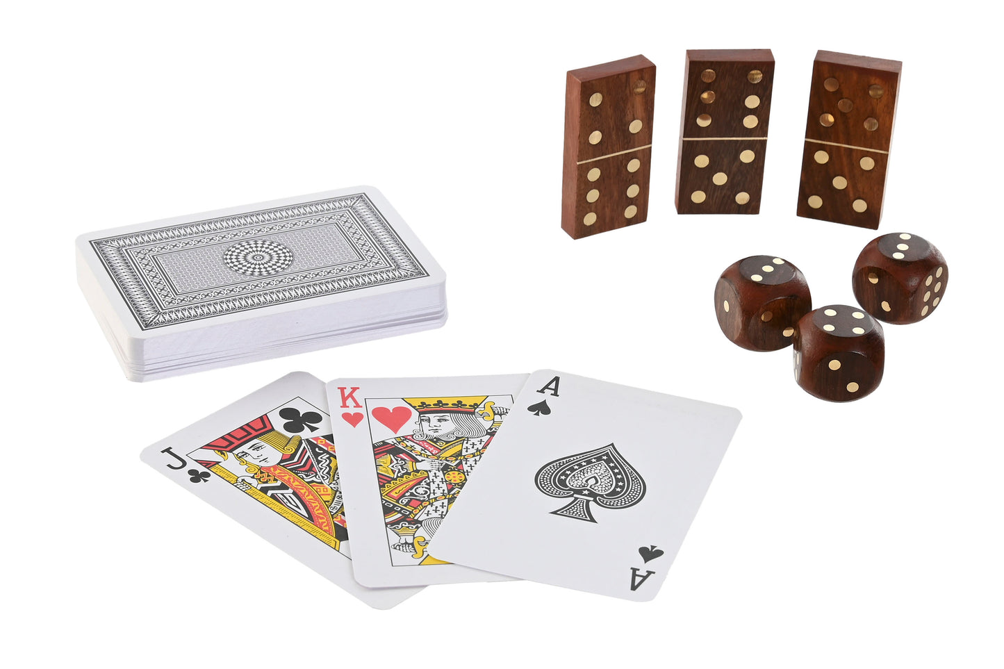 Jogo dominó, dados e cartas em caixa madeira