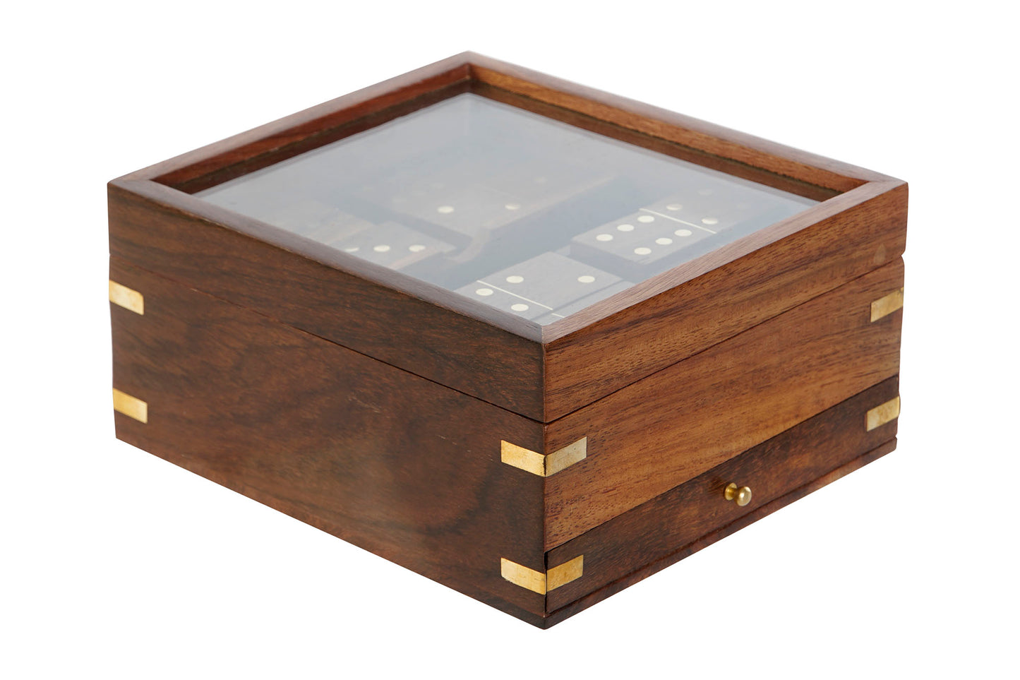 Jogo dominó e dados caixa madeira com vidro