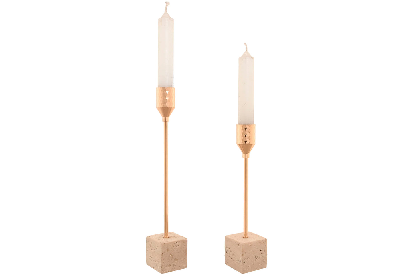 Castiçais Leo dourado e mármore bege, 2 uni.
