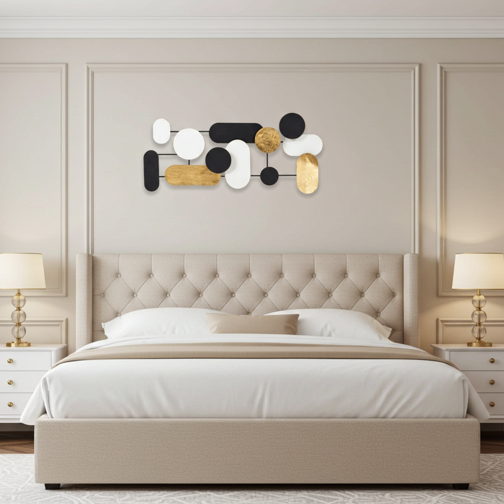 Decoração parede Círculos e Ovais branco preto e dourado