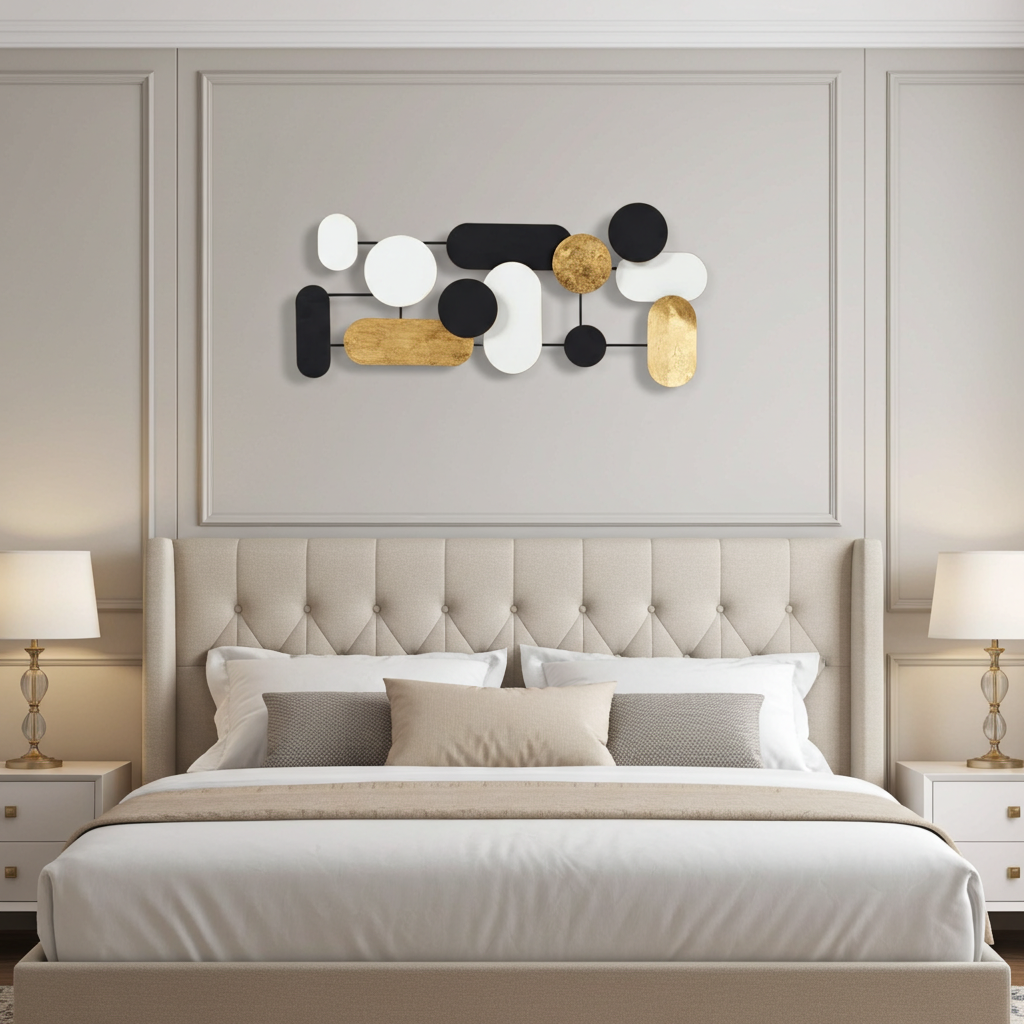 Decoração parede Círculos e Ovais branco preto e dourado