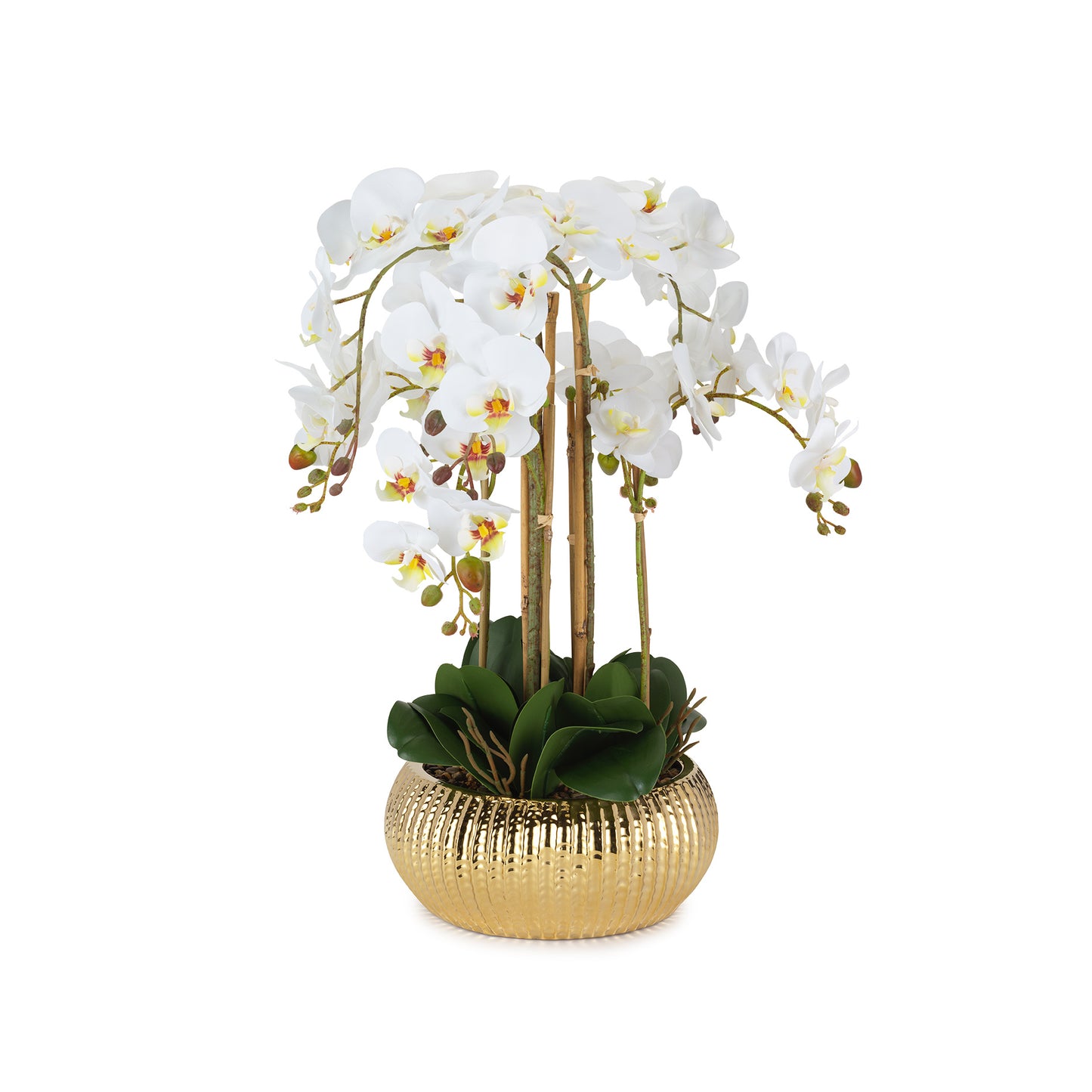 Orquídea Artificial 8 Ramos com Vaso dourado 60cm