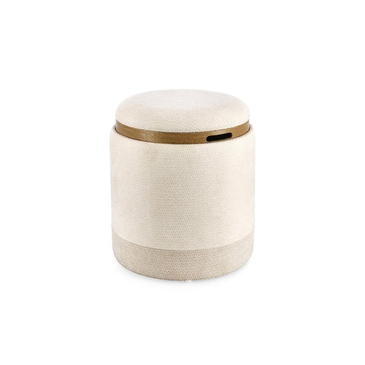 Pufe Deva natural com risca cinzento claro com arrumação e Bandeja