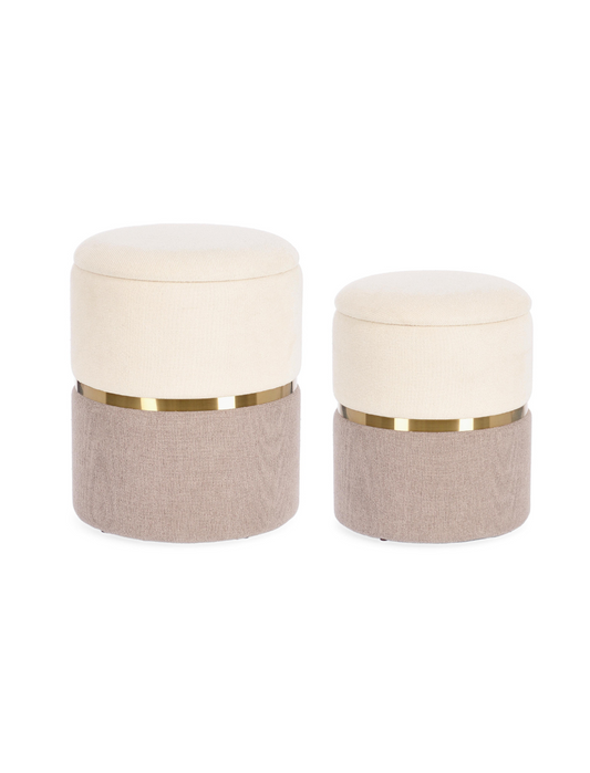 Conjunto 2 Pufes Radinka Bege com Arrumação - Aro Dourado