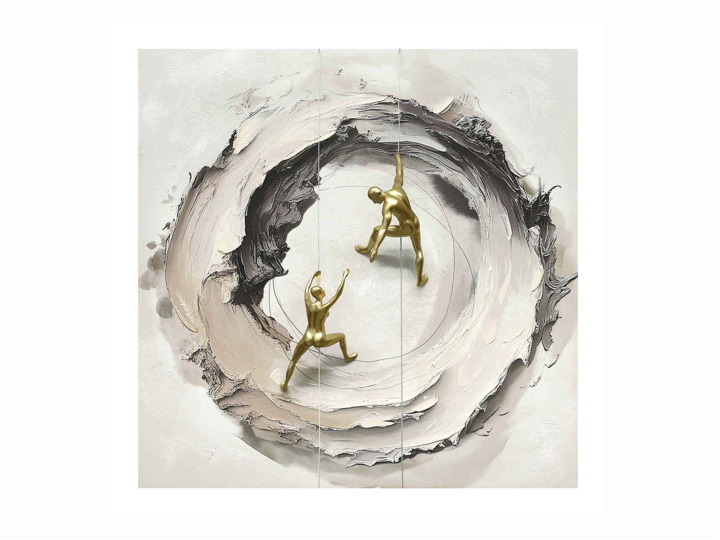 Quadro Abstrato em relevo e alpinistas dourados  100x100 cm