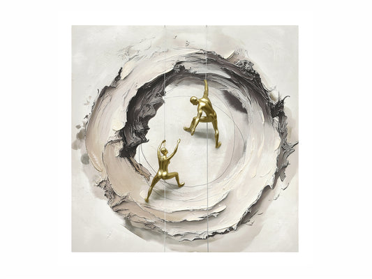 Quadro Abstrato em relevo e alpinistas dourados  100x100 cm