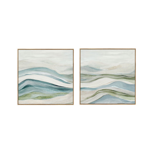 Par de quadros abstratos em tons azul, verde e marfim, com moldura de madeira castanha