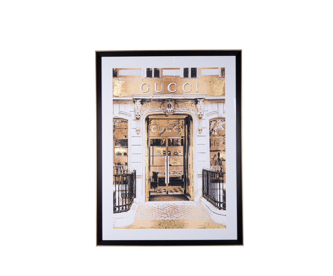 Quadro Gucci com moldura dourada e vidro 89,6x119,6cm