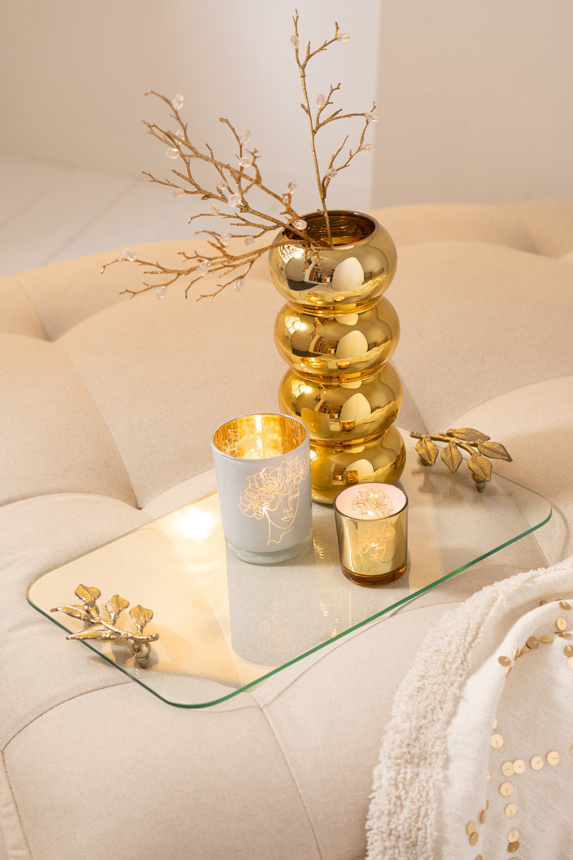 Tabuleiro Leaf vidro e dourado