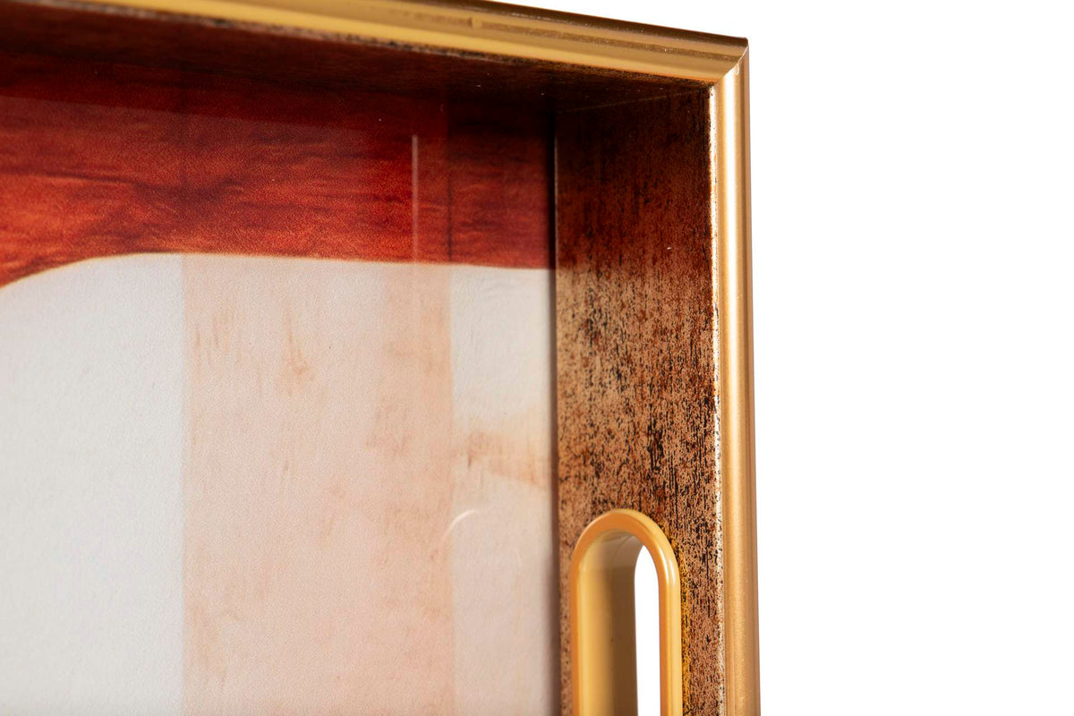 Tabuleiro decorativo terracota, bege e dourado