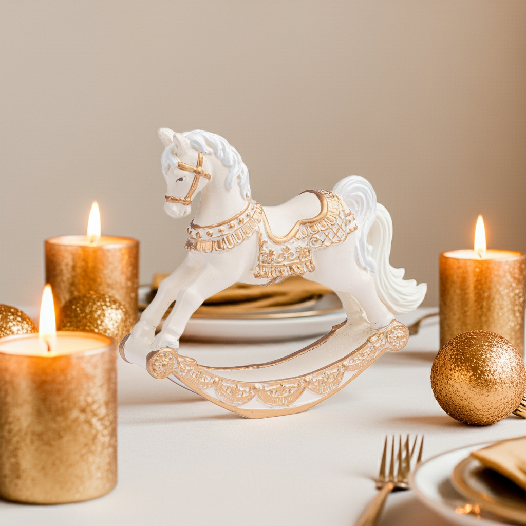Cavalo baloiço de Natal bege e dourado