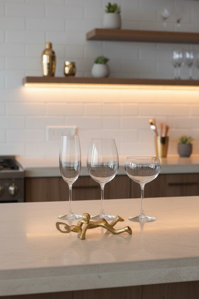 Abre-garrafas dourado junto a copos de bar