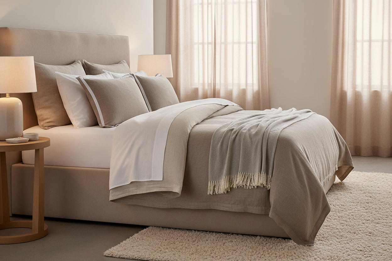 Almofadas de linho numa cama